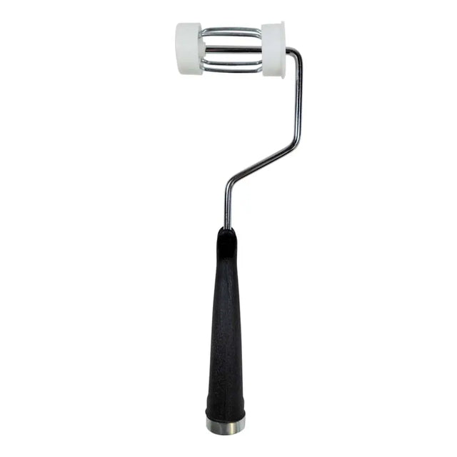 Paint roller with black handle and white roller frame on a white background