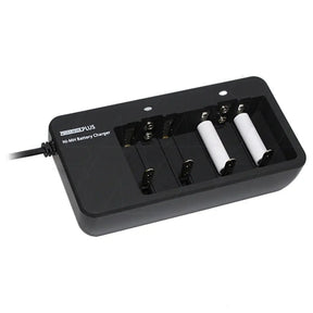 Black battery charger with four white batteries on a white background