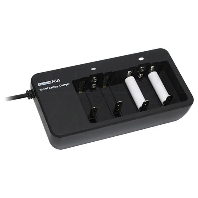 Black battery charger with four white batteries on a white background