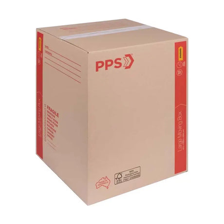 Cardboard box with PPS branding on a white background