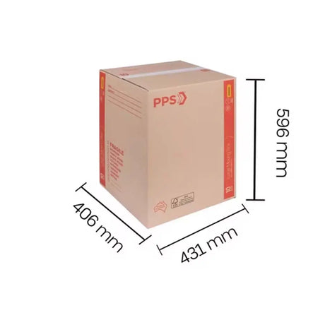 Cardboard box with PPS branding and dimensions labeled on a white background
