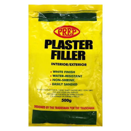 Yellow bag of plaster filler with black text on a white background