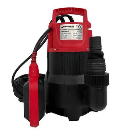 A red and black submersible sewage pump with an attached black power cord and red ground clamp, shown on a plain white background.
