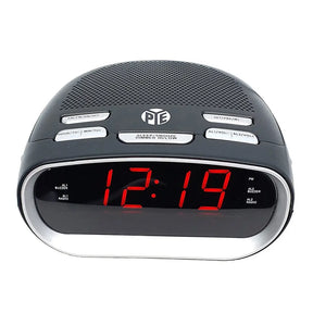 Digital clock with red LED display on a white background