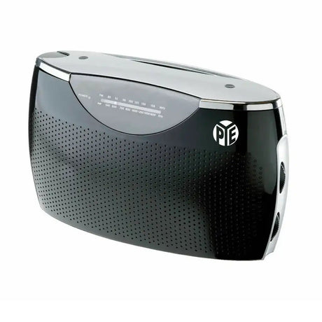 Black and silver electronic device with a brand logo on a white background