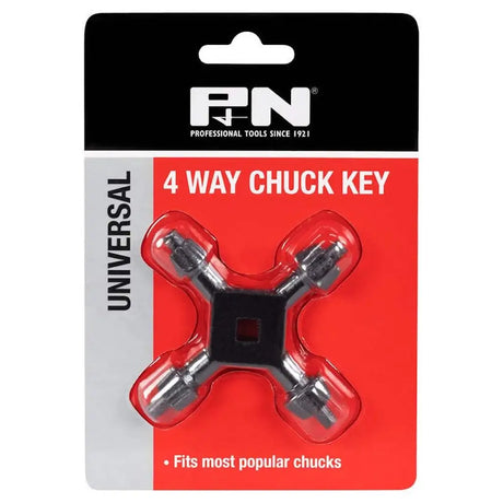 PN 4 Way Chuck Key in its original retail blister packaging, featuring a silver metal tool with a black center square, sealed in clear plastic over a red and white card.