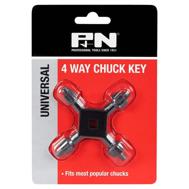 PN 4 Way Chuck Key in its original retail blister packaging, featuring a silver metal tool with a black center square, sealed in clear plastic over a red and white card.