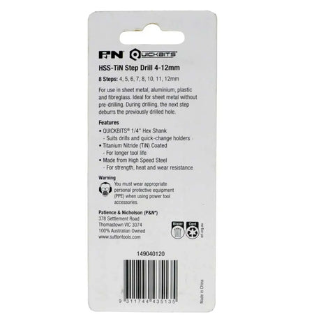 The back of a FN Quickbits HSS-TIN Step Drill 4-12mm package, showing product specifications, features, a warning, and a barcode on a white background.