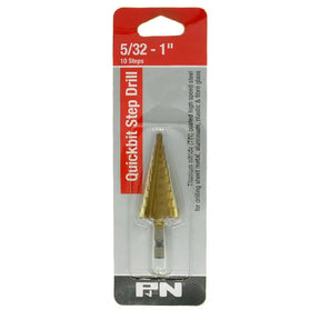 A 5/32 - 1 inch quickbit step drill bit in its original retail blister packaging, featuring a red and white header card with the brand 'PN' at the bottom.