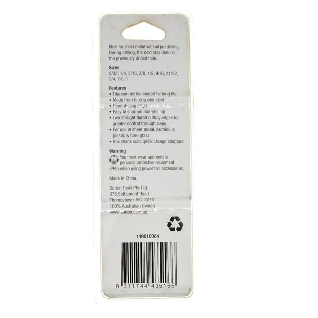 Back side of a packaged tool accessory card on a white background, showing product information, sizes, features, warning, barcode, and Sutton Tools branding.