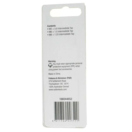 Back of a tool packaging with product details and warning label on a white background