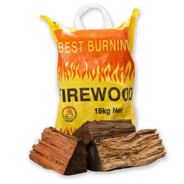 Bag of firewood labeled 'Best Burning Firewood' with firewood pieces in front on a white background