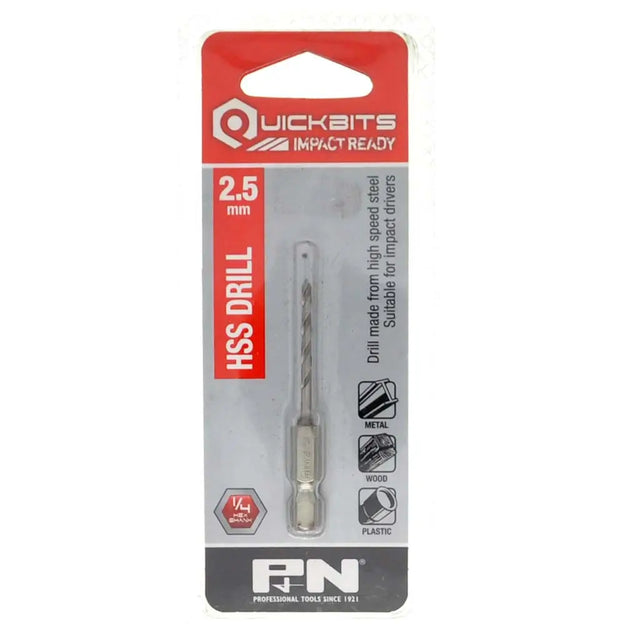 Quickbits HSS Drill 2.5 mm impact driver bit in its original retail packaging, featuring a silver-colored metal bit with a hex shank, mounted on a gray and red cardboard backing.