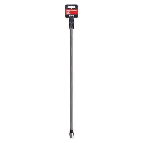 A 1/4 inch steel extension bar with a black plastic collar and a silver metal tip, shown with its retail header card packaging on a plain white background.