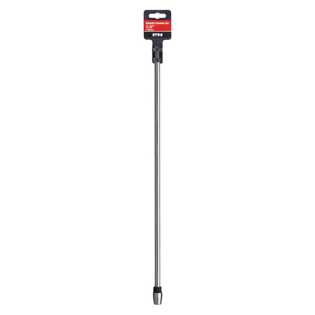 A 1/4 inch steel extension bar with a black plastic collar and a silver metal tip, shown with its retail header card packaging on a plain white background.