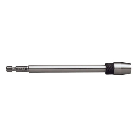 A metallic hex shank tool bit with a textured black grip section and a silver cone tip, shown horizontally on a plain white background.