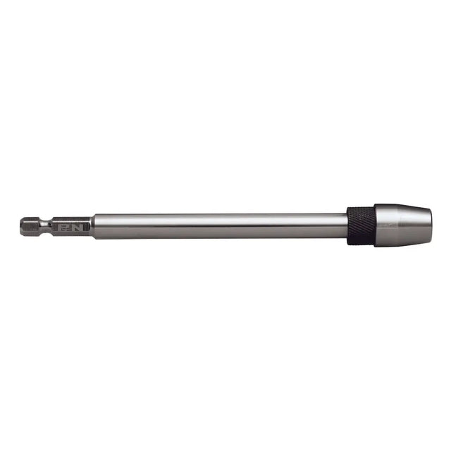 A metallic hex shank tool bit with a textured black grip section and a silver cone tip, shown horizontally on a plain white background.
