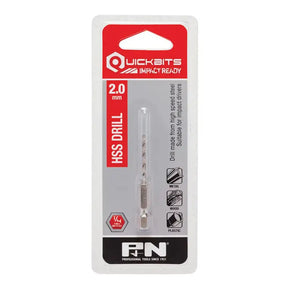 Quickbits HSS Drill 2.0 mm impact driver bit in its original retail blister packaging, featuring a silver twist-drilled bit with a metal shank and a plastic collar, set against a white background.