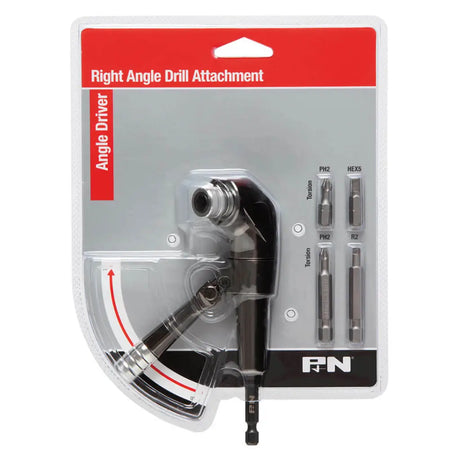 A right angle drill attachment set in retail blister packaging, featuring a black and silver angle driver bit set with four hex bits. The packaging has a red header and a gray background with a clear plastic window.
