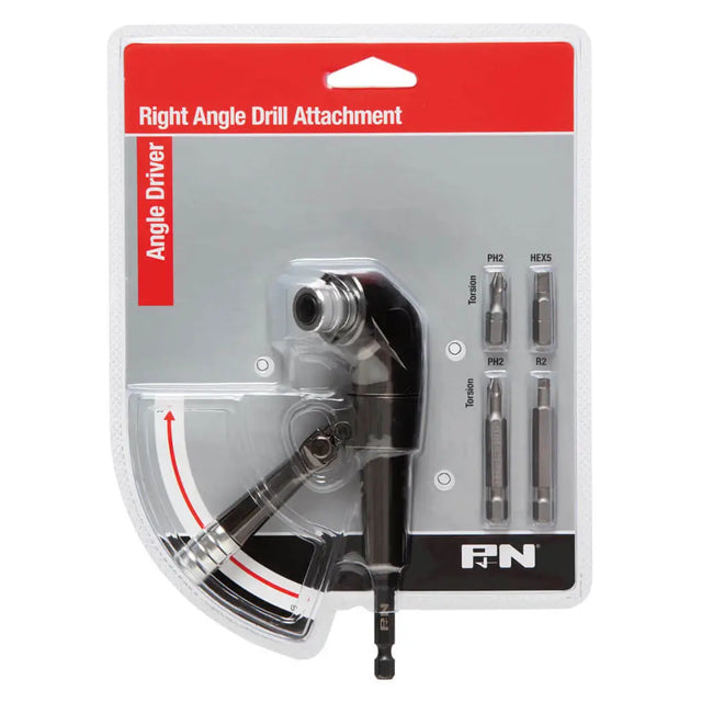 A right angle drill attachment set in retail blister packaging, featuring a black and silver angle driver bit set with four hex bits. The packaging has a red header and a gray background with a clear plastic window.