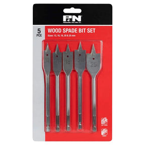 Packaged set of five wood spade bits with R&N branding on a red and black background.