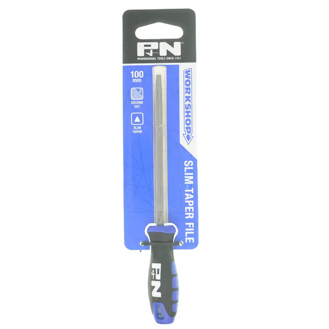 Slim taper file with packaging on a white background