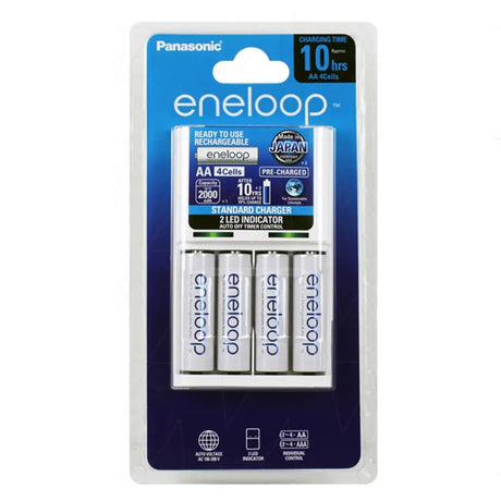 Pack of Panasonic eneloop rechargeable batteries in packaging on a white background