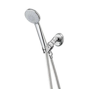 Chrome shower head with handheld shower on a white background