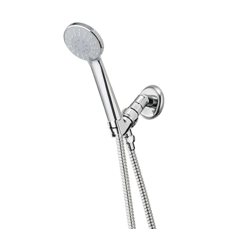 Chrome shower head with handheld shower on a white background