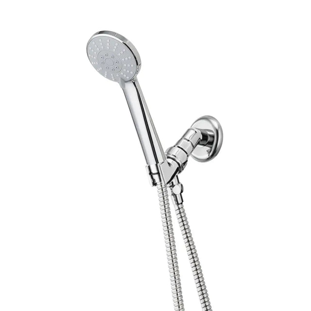 Chrome shower head with handheld shower on a white background