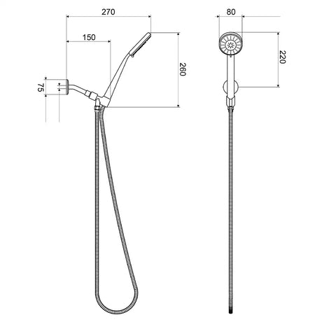 Technical drawing of a shower head and handheld shower with dimensions.
