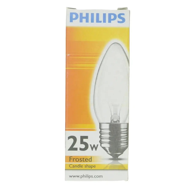 Philips 25W frosted candle-shaped light bulb packaging on a white background