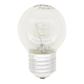 Philips Fancy Round E27 25W warm white clear incandescent light bulb showing round glass, visible filament and Edison screw base on white background