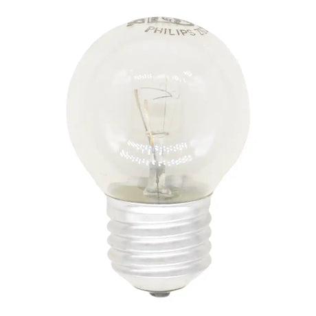 Philips Fancy Round E27 25W warm white clear incandescent light bulb showing round glass, visible filament and Edison screw base on white background