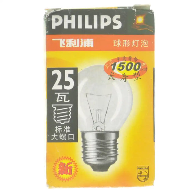 Philips Fancy Round E27 25W warm white clear incandescent light bulb packaging showing bulb illustration and 1500-hour marking on white background