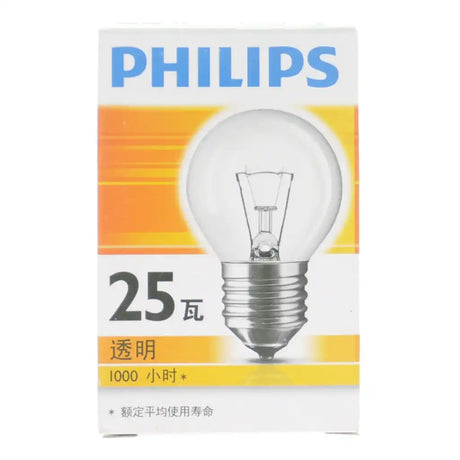 Philips Fancy Round E27 25W warm white clear incandescent light bulb packaging showing bulb illustration and 1000-hour marking on white background
