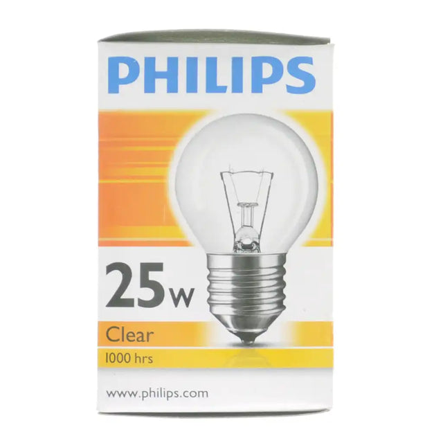Philips Fancy Round E27 25W warm white clear incandescent light bulb packaging showing bulb illustration, Clear label and 1000 hrs marking on white background