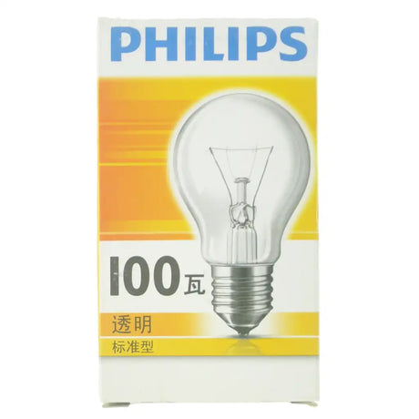 Philips light bulb packaging with a clear bulb on a yellow and white background