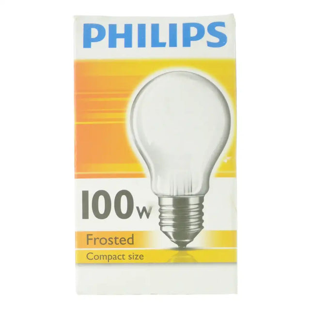 Philips 100w frosted compact size light bulb packaging on a white background