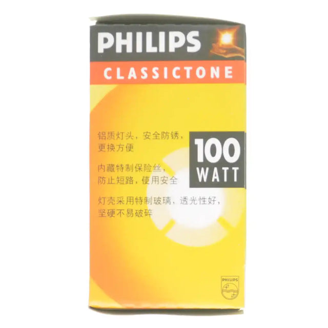 Philips Classic Tone 100 watt light bulb packaging on a white background