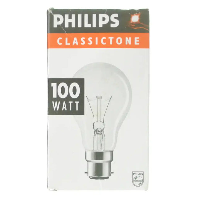 Philips ClassicTone 100 watt light bulb packaging on a white background