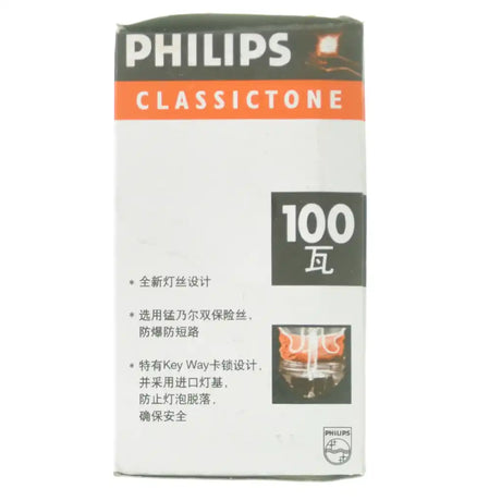 Philips Classic Tone 100W light bulb packaging on a white background