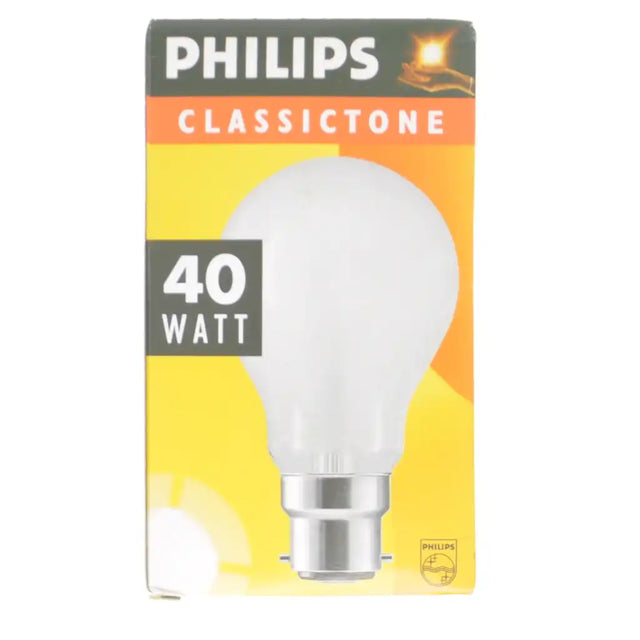 Philips light bulb packaging with 40 wattage on a white background