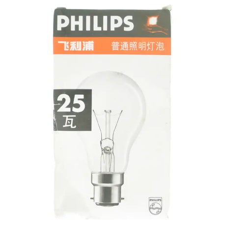 Philips GLS B22 230V 25W warm white clear incandescent light bulb packaging showing bulb illustration and Chinese labelling on white background