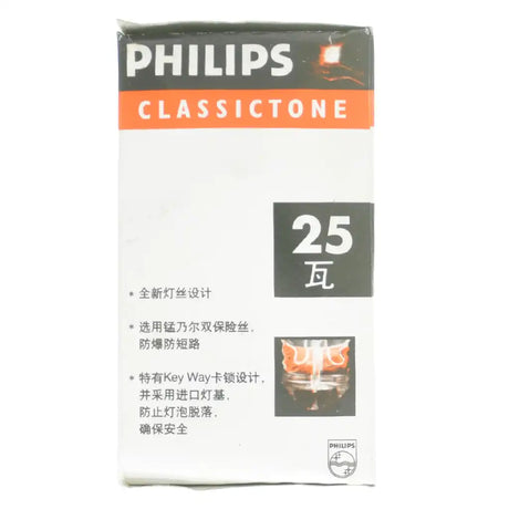 Philips GLS B22 230V 25W warm white clear incandescent light bulb Classictone packaging showing Chinese feature text and filament illustration on white background
