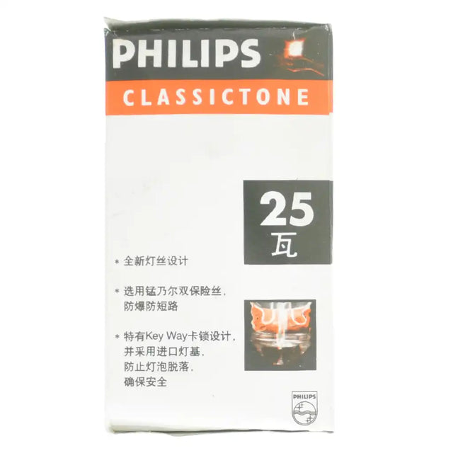Philips GLS B22 230V 25W warm white clear incandescent light bulb Classictone packaging showing Chinese feature text and filament illustration on white background
