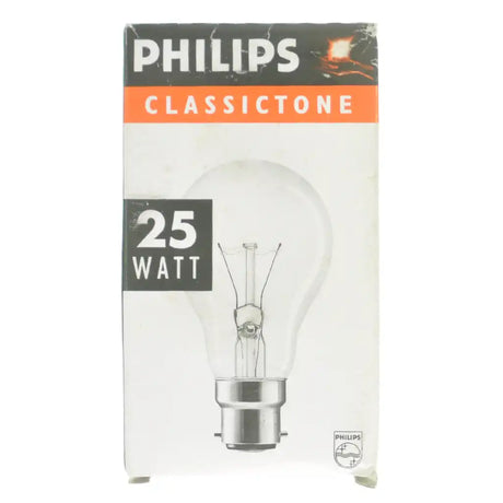 Philips GLS B22 230V 25W warm white clear incandescent light bulb Classictone packaging showing bulb illustration and 25 WATT label on white background
