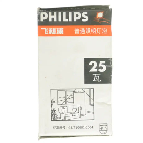 Philips GLS B22 230V 25W warm white clear incandescent light bulb packaging showing room illustration and Chinese labelling on white background
