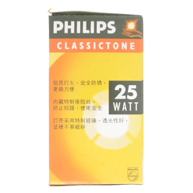 Philips ClassicTone light bulb packaging with 25 wattage on a white background