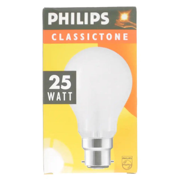Philips ClassicTone 25 watt light bulb packaging on a white background